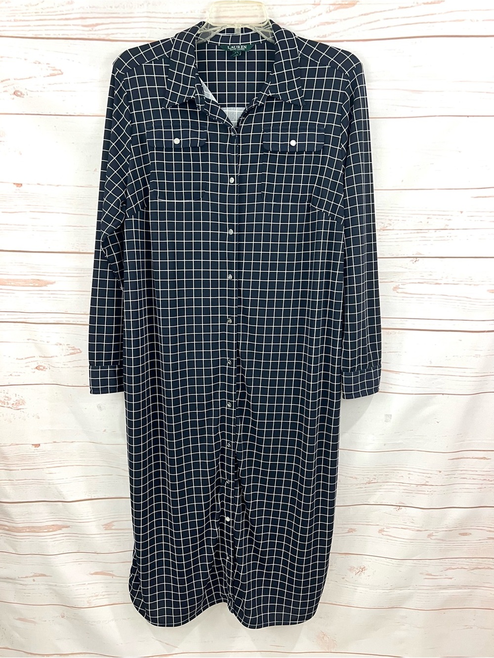 Lauren Ralph Lauren Windowpane Check Button Up Long Sleeve Collared Shirt Dress
